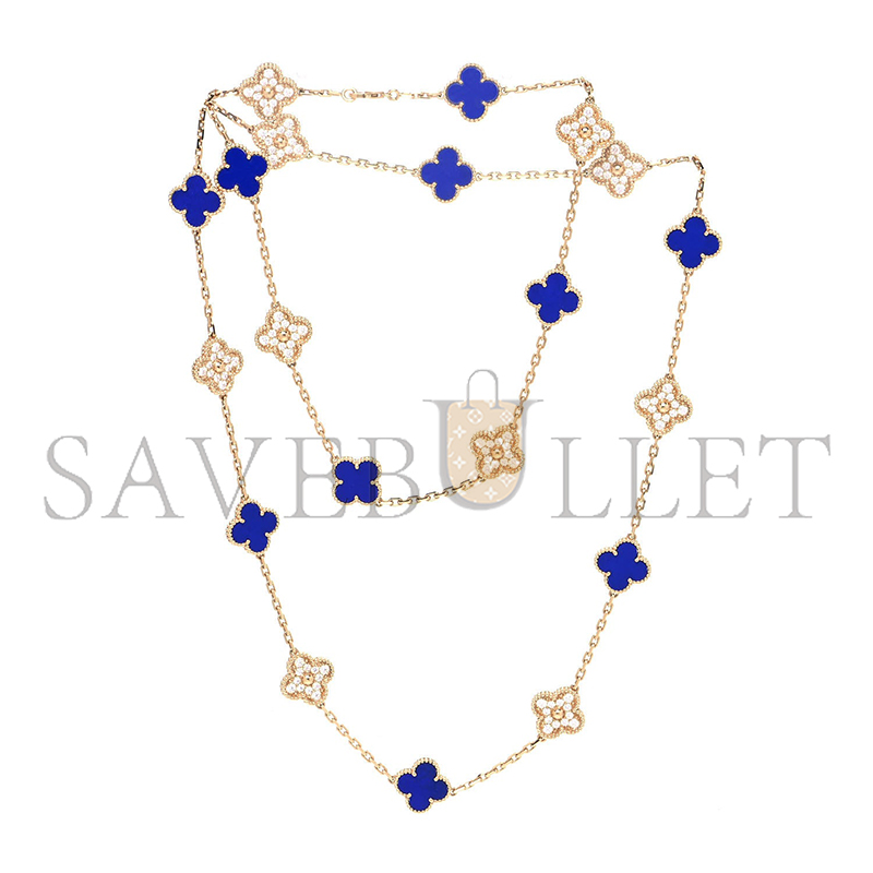 VAN CLEEF ARPELS 18K YELLOW GOLD DIAMOND LAPIS 20 MOTIFS VINTAGE ALHAMBRA NECKLACE 